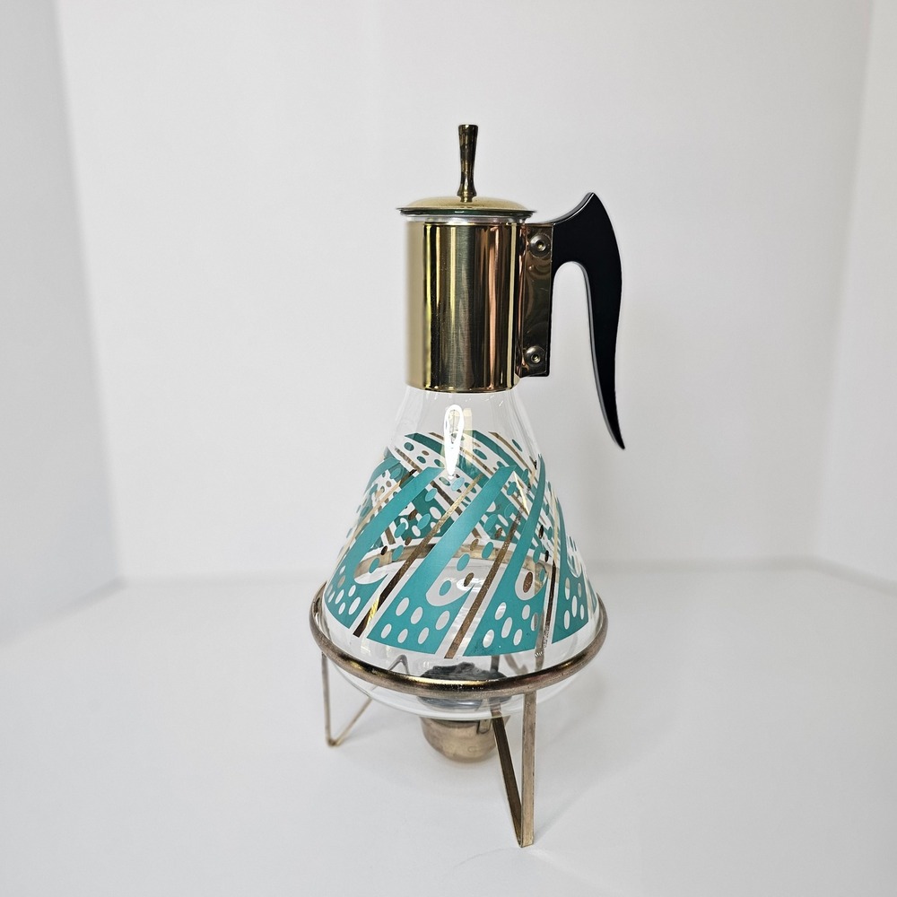 Fred Press Vintage MCM Coffee Carafe Turquoise Gold Atomic Glass Server